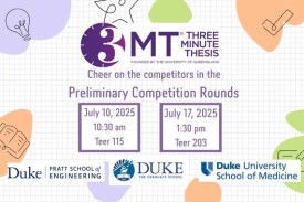 Cheer on the competitors in the Three Minute Thesis Preliminary Competition Rounds on July 10, 2025 at 10am in Teer 115 and on July 17, 2025 at 1pm in Teer 203.
